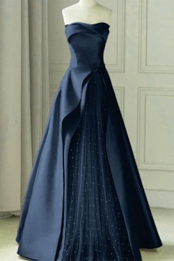 A-Line Strapless Satin and Tulle Prom Dresses Formal Evening Gowns with Slit 501003