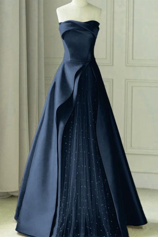 A-Line Strapless Satin and Tulle Prom Dresses Formal Evening Gowns with Slit 501003 A-Line Strapless Satin and Tulle Prom Dresses Formal Evening Gowns with Slit 501003