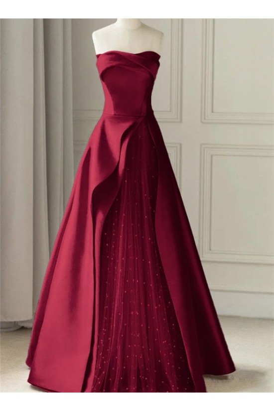 A-Line Strapless Satin and Tulle Prom Dresses Formal Evening Gowns with Slit 501003 A-Line Strapless Satin and Tulle Prom Dresses Formal Evening Gowns with Slit 501003