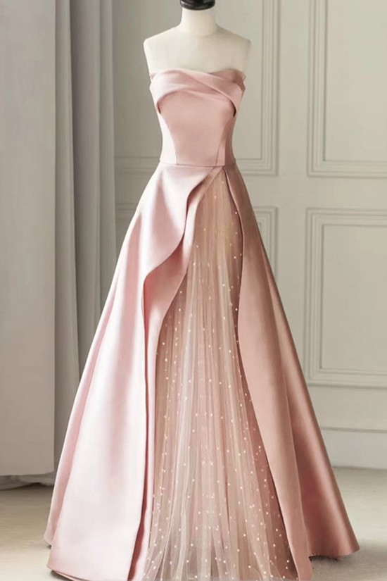 A-Line Strapless Satin and Tulle Prom Dresses Formal Evening Gowns with Slit 501003 A-Line Strapless Satin and Tulle Prom Dresses Formal Evening Gowns with Slit 501003
