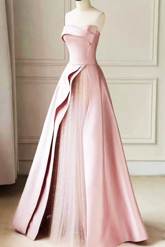 A-Line Strapless Satin and Tulle Prom Dresses Formal Evening Gowns with Slit 501003 A-Line Strapless Satin and Tulle Prom Dresses Formal Evening Gowns with Slit 501003