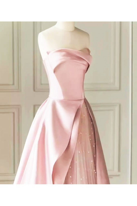 A-Line Strapless Satin and Tulle Prom Dresses Formal Evening Gowns with Slit 501003 A-Line Strapless Satin and Tulle Prom Dresses Formal Evening Gowns with Slit 501003