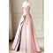 A-Line Strapless Satin and Tulle Prom Dresses Formal Evening Gowns with Slit 501003