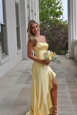 Long Strapless Yellow Prom Dresses Formal Evening Gowns with Slit 501004