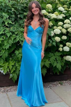 Elegant Sheath Beaded Blue Spaghetti Straps Back Tie Prom Dresses Formal Evening Gowns 501005