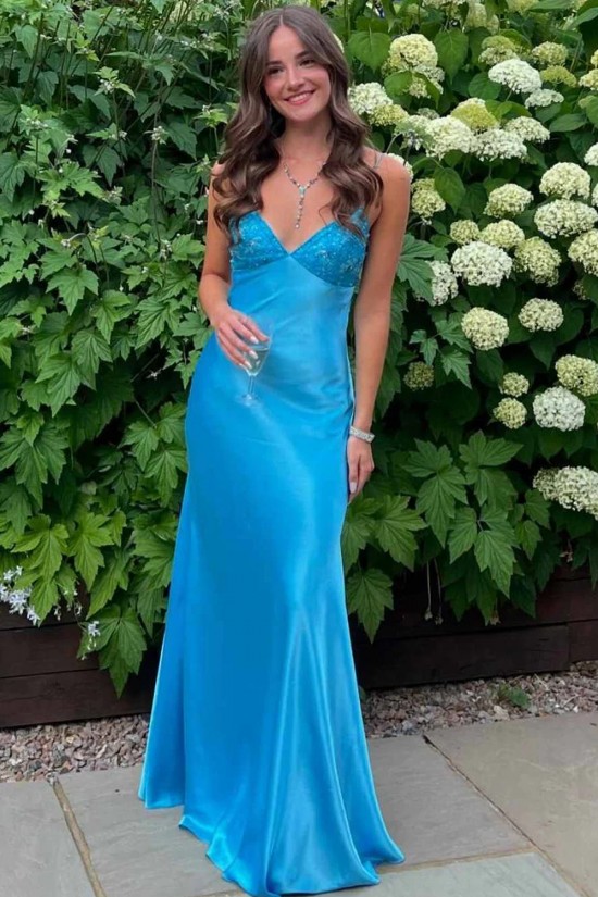Elegant Sheath Beaded Blue Spaghetti Straps Back Tie Prom Dresses Formal Evening Gowns 501005