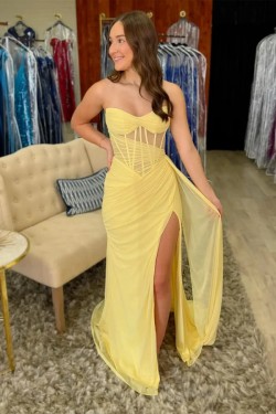 Long Yellow Sheath High Slit Prom Dresses Formal Evening Gowns 501007