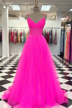 A-Line Spaghetti Straps Tulle Prom Dresses Formal Evening Gowns 501008