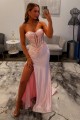 Long Pink Lace Prom Dresses Formal Evening Gowns with High Slit 501009 Long Pink Lace Prom Dresses Formal Evening Gowns with High Slit 501009