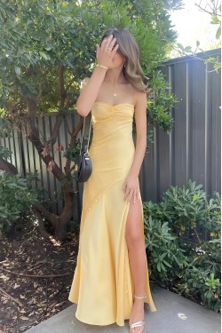 Simple Long Spaghetti Straps Prom Dresses Formal Evening Gowns with High Slit 501011