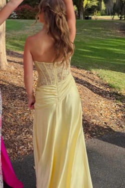 Long Yellow Strapless Lace Prom Dresses Formal Evening Gowns 501012