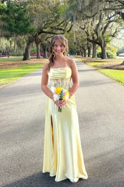 Long Yellow Strapless Lace Prom Dresses Formal Evening Gowns 501012