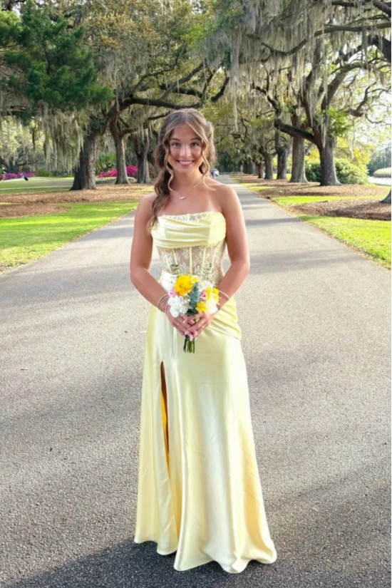 Long Yellow Strapless Lace Prom Dresses Formal Evening Gowns 501012 Long Yellow Strapless Lace Prom Dresses Formal Evening Gowns 501012