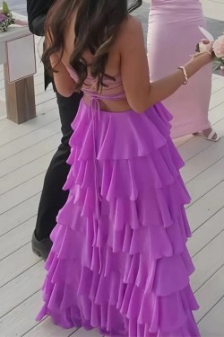 A-Line Long Purple Tiered Ruffle Prom Dresses Formal Evening Gowns 501013