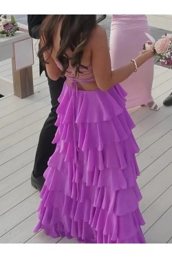 A-Line Long Purple Tiered Ruffle Prom Dresses Formal Evening Gowns 501013