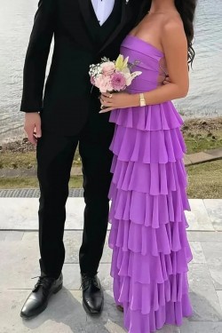 A-Line Long Purple Tiered Ruffle Prom Dresses Formal Evening Gowns 501013