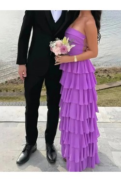 A-Line Long Purple Tiered Ruffle Prom Dresses Formal Evening Gowns 501013