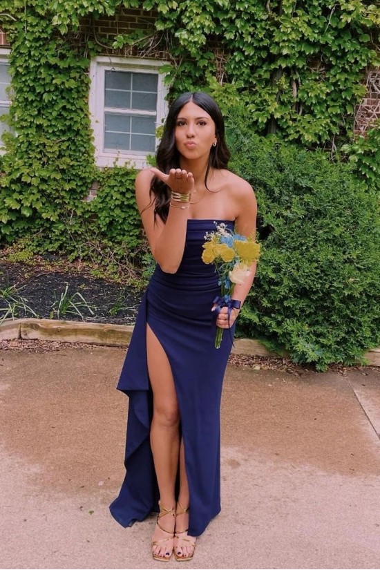 Simple Sheath Long Strapless Prom Dresses Formal Evening Gowns with High Slit 501014 Simple Sheath Long Strapless Prom Dresses Formal Evening Gowns with High Slit 501014