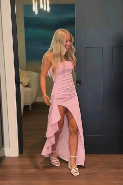 Simple Sheath Long Strapless Prom Dresses Formal Evening Gowns with High Slit 501014