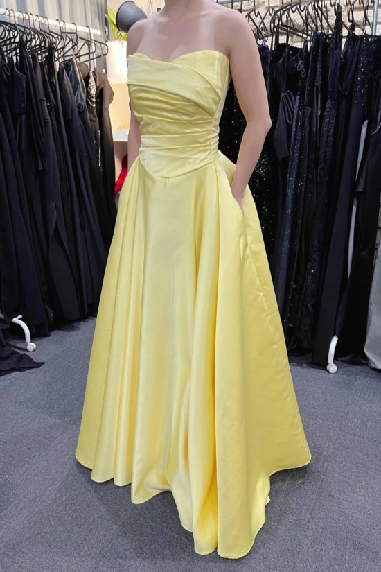 A-Line Strapless Long Yellow Satin Prom Dresses Formal Evening Gowns 501015 A-Line Strapless Long Yellow Satin Prom Dresses Formal Evening Gowns 501015
