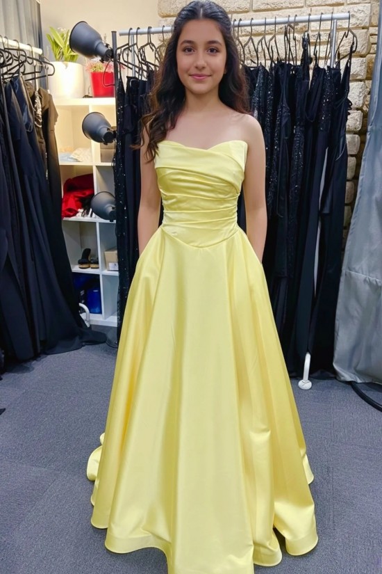 A-Line Strapless Long Yellow Satin Prom Dresses Formal Evening Gowns 501015 A-Line Strapless Long Yellow Satin Prom Dresses Formal Evening Gowns 501015