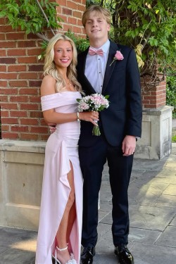 Elegant Sheath Long Pink Off the Shoulder Prom Dresses Formal Evening Gowns with Side Slit 501016