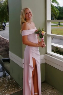 Elegant Sheath Long Pink Off the Shoulder Prom Dresses Formal Evening Gowns with Side Slit 501016