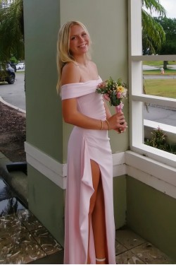 Elegant Sheath Long Pink Off the Shoulder Prom Dresses Formal Evening Gowns with Side Slit 501016