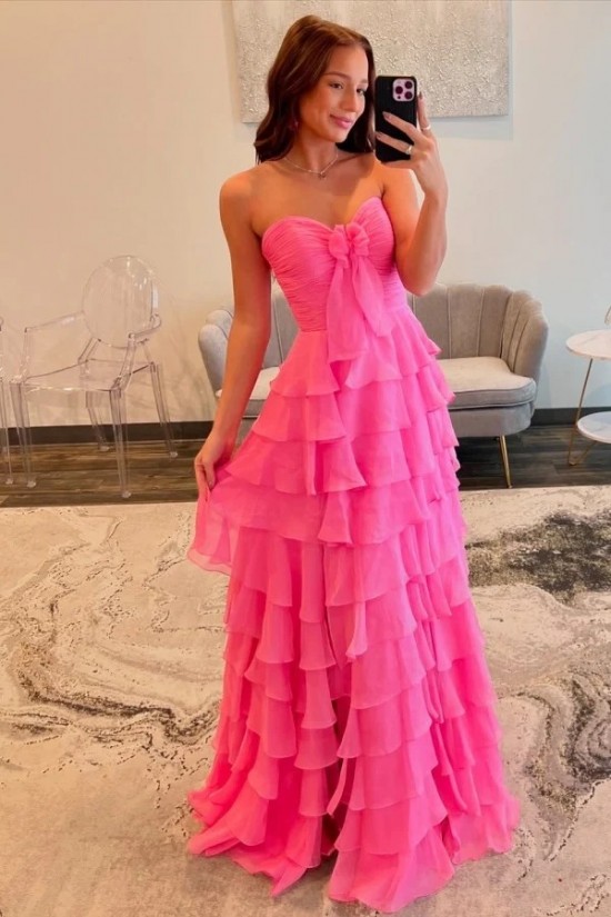 A-Line Long Pink Sweetheart Chiffon Prom Dresses Formal Evening Gowns with Side Slit 501020 A-Line Long Pink Sweetheart Chiffon Prom Dresses Formal Evening Gowns with Side Slit 501020