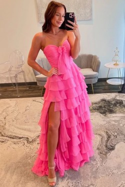 A-Line Long Pink Sweetheart Chiffon Prom Dresses Formal Evening Gowns with Side Slit 501020