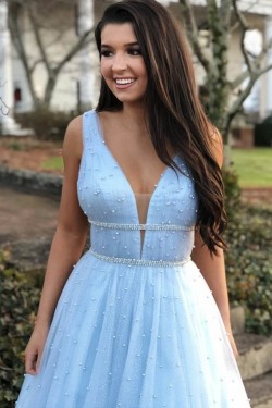 A-Line Beaded V-Neck Long Prom Dresses Formal Evening Gowns 6011000