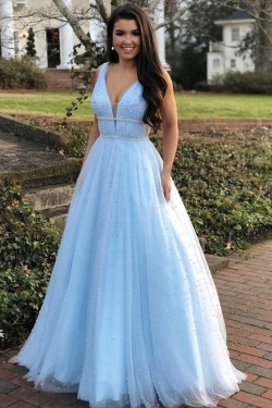 A-Line Beaded V-Neck Long Prom Dresses Formal Evening Gowns 6011000