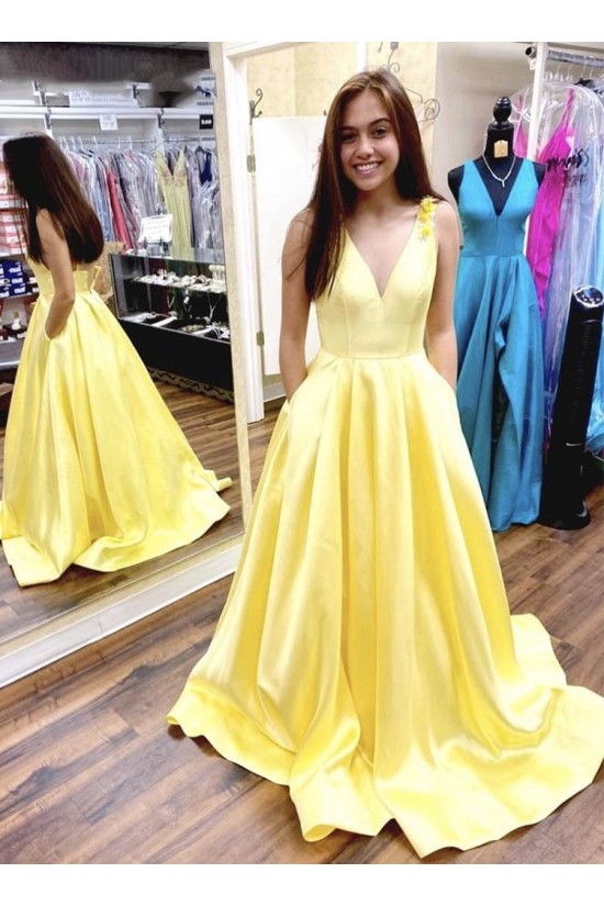 A-Line Long Yellow V-Neck Prom Dresses Formal Evening Gowns 6011001 A-Line Long Yellow V-Neck Prom Dresses Formal Evening Gowns 6011001