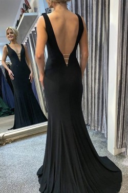Mermaid Long Black V-Neck Prom Dresses Formal Evening Gowns 6011004