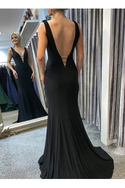 Mermaid Long Black V-Neck Prom Dresses Formal Evening Gowns 6011004