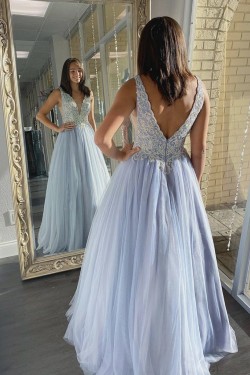 A-Line Beaded Lace V-Neck Long Prom Dresses Formal Evening Gowns 6011005