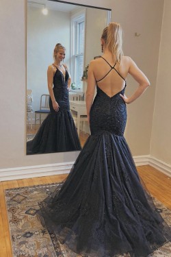 Mermaid Long Black Lace Prom Dresses Formal Evening Gowns 6011007