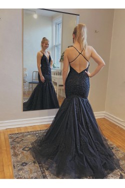 Mermaid Long Black Lace Prom Dresses Formal Evening Gowns 6011007