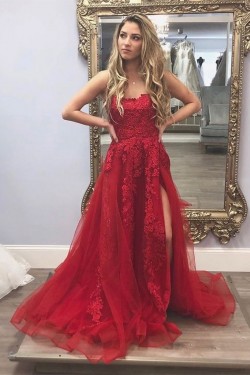 Long Red Beaded Lace Appliques Prom Dresses Formal Evening Gowns 6011009