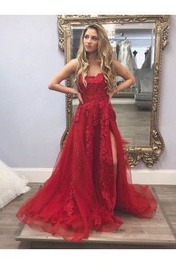 Long Red Beaded Lace Appliques Prom Dresses Formal Evening Gowns 6011009