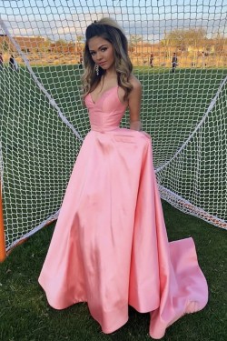 A-Line Long Satin V-Neck Prom Dresses Formal Evening Gowns 6011013