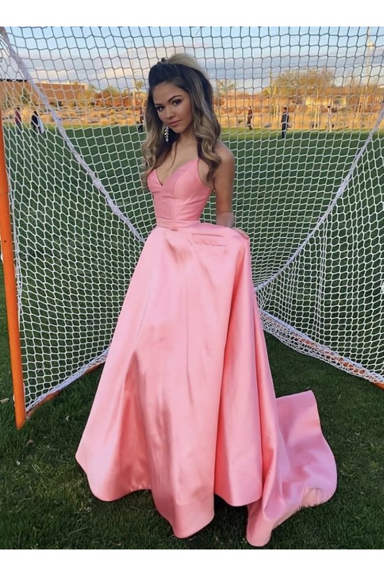 A-Line Long Satin V-Neck Prom Dresses Formal Evening Gowns 6011013 A-Line Long Satin V-Neck Prom Dresses Formal Evening Gowns 6011013