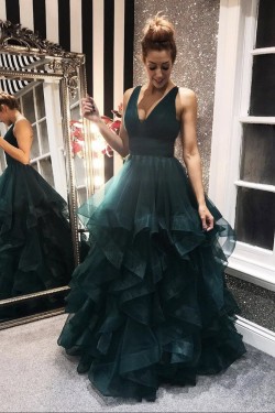 A-Line Tulle V-Neck Long Prom Dresses Formal Evening Gowns 6011022