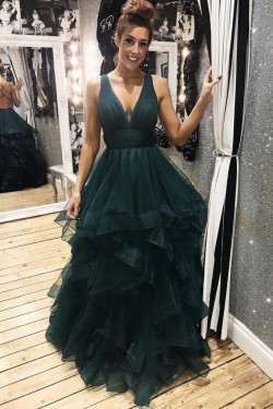 A-Line Tulle V-Neck Long Prom Dresses Formal Evening Gowns 6011022