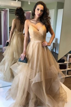 A-Line Tulle V-Neck Long Prom Dresses Formal Evening Gowns 6011023