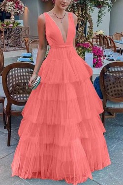 A-Line Tulle V-Neck Long Prom Dresses Formal Evening Gowns 6011025