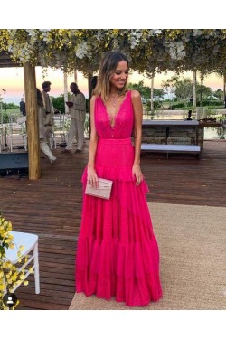 A-Line V-Neck Long Prom Dresses Formal Evening Gowns 6011026