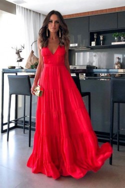 A-Line Long Red V-Neck Prom Dresses Formal Evening Gowns 6011027