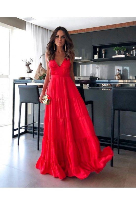 A-Line Long Red V-Neck Prom Dresses Formal Evening Gowns 6011027 A-Line Long Red V-Neck Prom Dresses Formal Evening Gowns 6011027