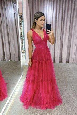 A-Line Long V-Neck Prom Dresses Formal Evening Gowns 6011028